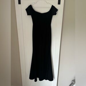 Black of the shoulder maxi dress with small v cut